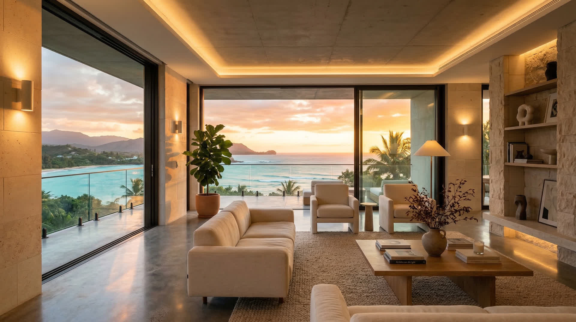 Luxury living room with ocean view at golden hour